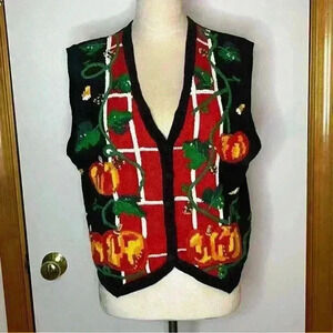 Lauren Hansen Pumpkin Halloween Cable Knit Vest Vintage Women Medium Spider Web